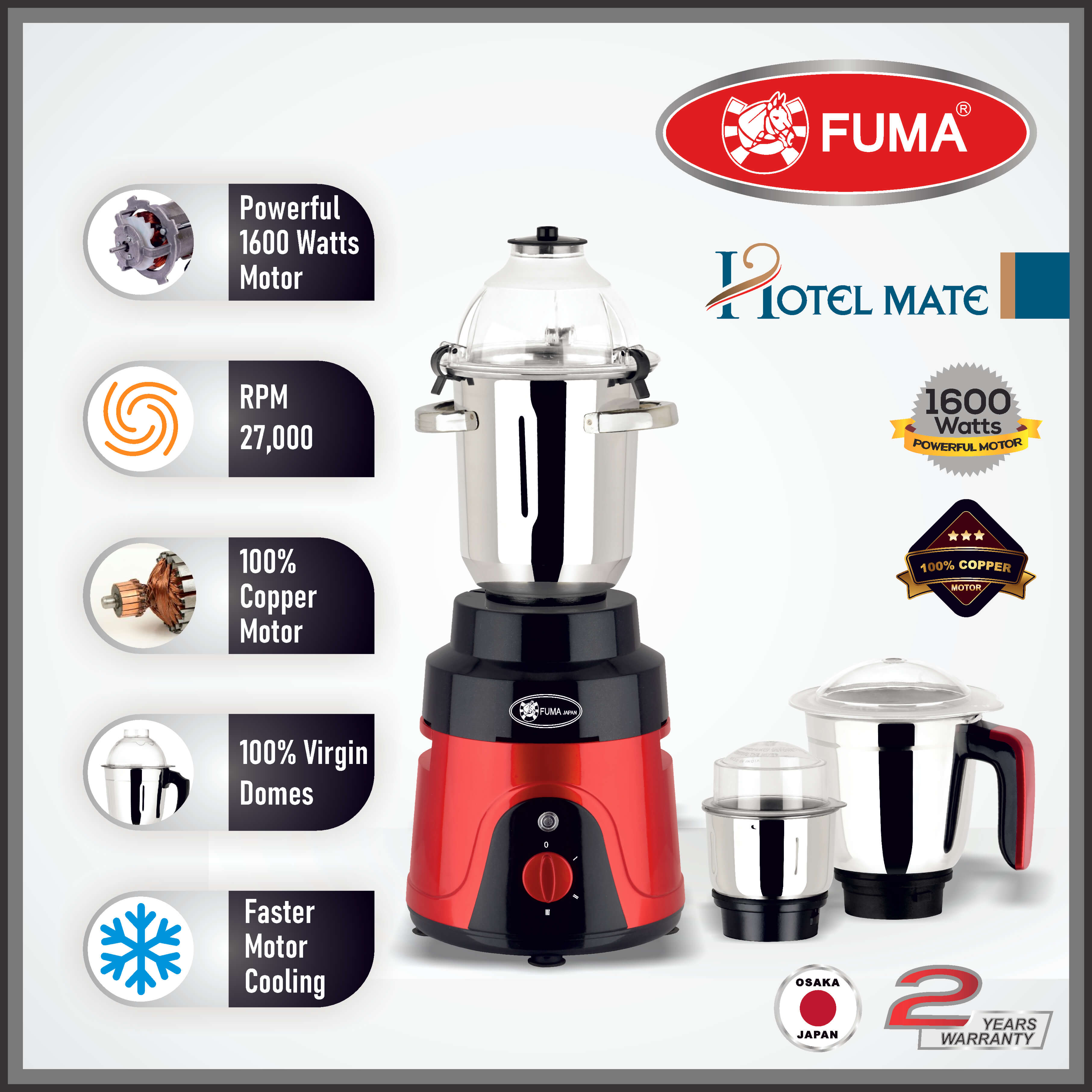Fuma Hotel Mate - 1600W Mixer Grinder & Blender -Red